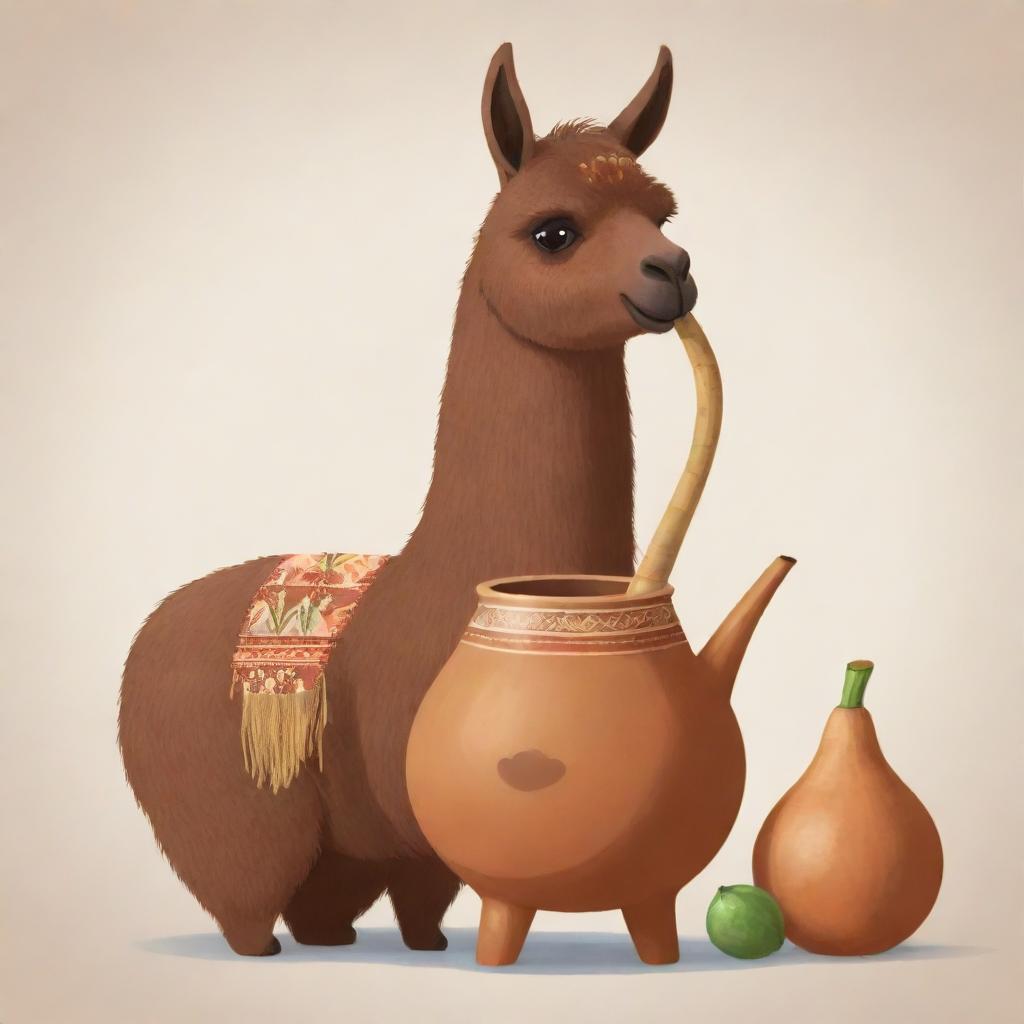 An animated illustration of a brown llama sipping from a traditional Argentine mate gourd.