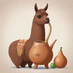 An animated illustration of a brown llama sipping from a traditional Argentine mate gourd.