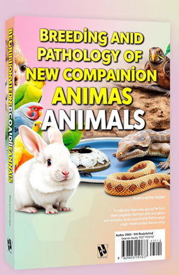 A vibrant and detailed book cover design for "Breeding and Pathology of New Companion Animals" featuring a variety of exotic animals