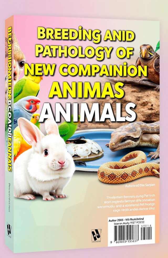 A vibrant and detailed book cover design for "Breeding and Pathology of New Companion Animals" featuring a variety of exotic animals