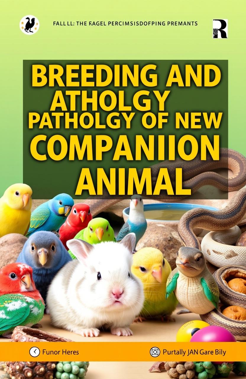 A vibrant and detailed book cover design for "Breeding and Pathology of New Companion Animals" featuring a variety of exotic animals