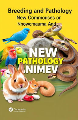 A vibrant and detailed book cover design for "Breeding and Pathology of New Companion Animals" featuring a variety of exotic animals
