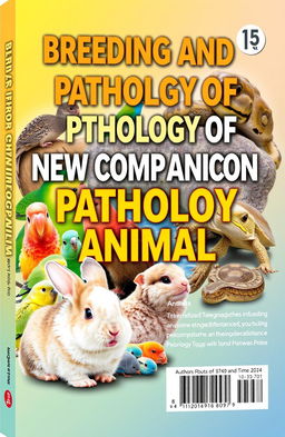 A vibrant and detailed book cover design for "Breeding and Pathology of New Companion Animals" featuring a variety of exotic animals