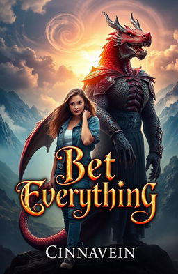 A captivating book cover featuring a dangerous yet beautiful Lord of the Dragons, exuding an aura of power and mystery, standing confidently with a casual woman beside him, looking playfully defiant