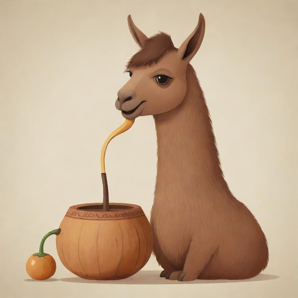 An animated illustration of a brown llama sipping from a traditional Argentine mate gourd.