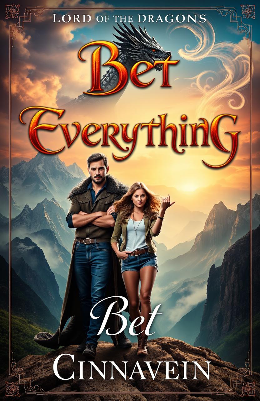 A captivating book cover featuring a dangerous yet beautiful Lord of the Dragons, exuding an aura of power and mystery, standing confidently with a casual woman beside him, looking playfully defiant