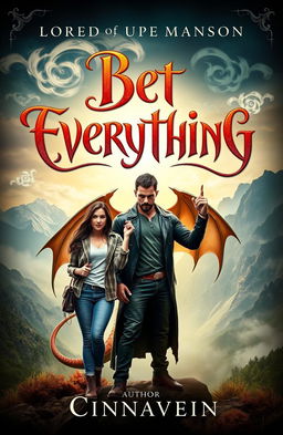A captivating book cover featuring a dangerous yet beautiful Lord of the Dragons, exuding an aura of power and mystery, standing confidently with a casual woman beside him, looking playfully defiant