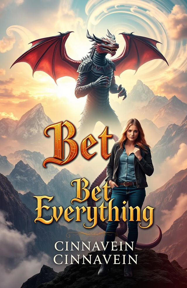 A captivating book cover featuring a dangerous yet beautiful Lord of the Dragons, exuding an aura of power and mystery, standing confidently with a casual woman beside him, looking playfully defiant