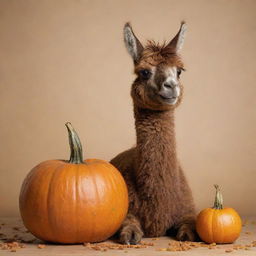 Animated image of a brown llama comfortably sipping mate from a pumpkin gourd.