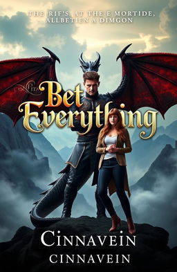 A captivating book cover featuring a dangerous yet beautiful lord of the dragons standing confidently, with majestic wings folded against his back, embodying power and allure