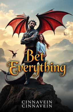 A captivating book cover featuring a dangerous yet beautiful lord of the dragons standing confidently, with majestic wings folded against his back, embodying power and allure