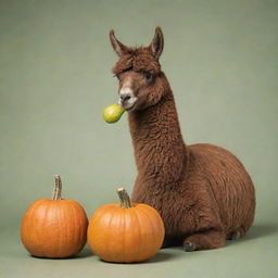 Animated image of a brown llama comfortably sipping mate from a pumpkin gourd.