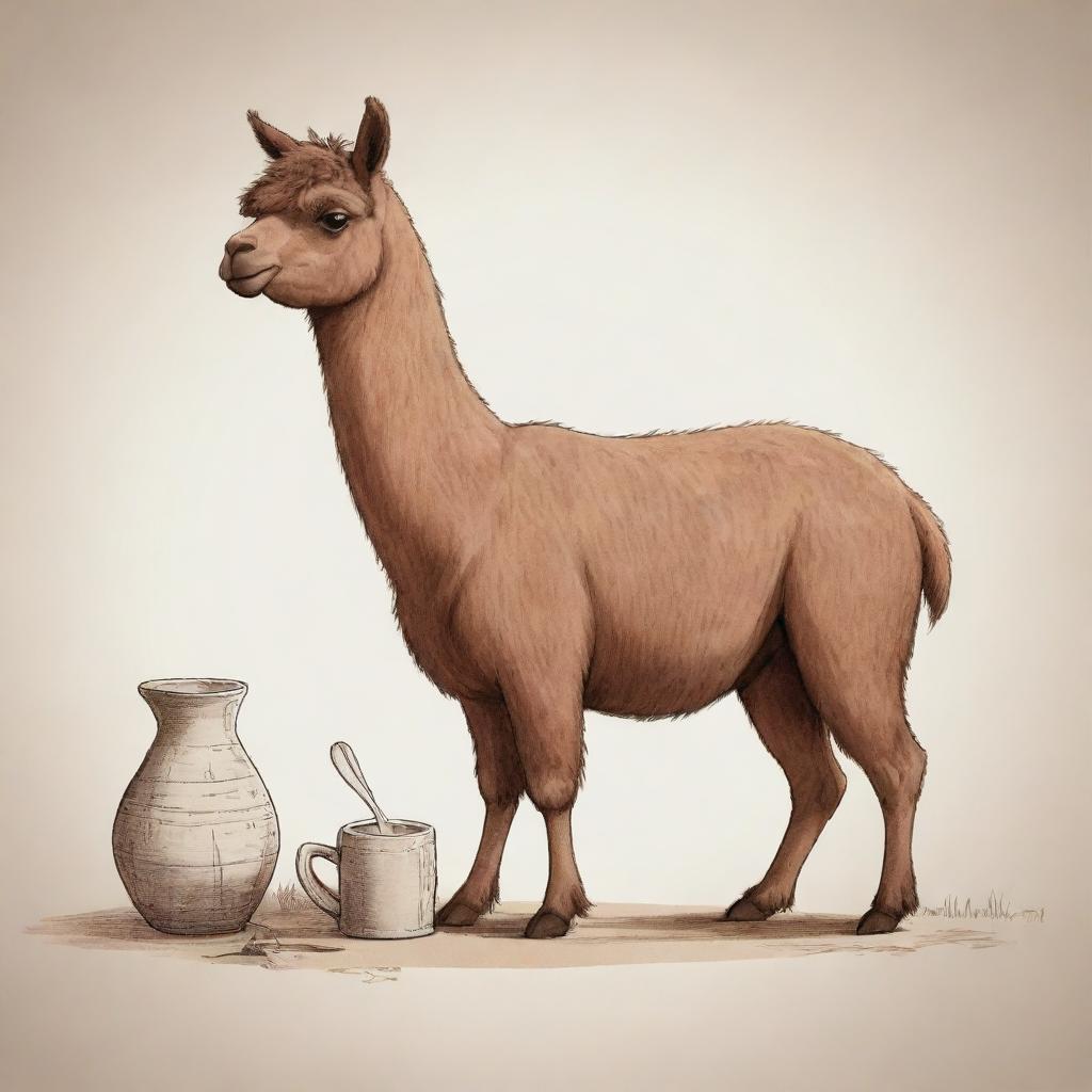 Animated sketch of a brown llama enjoying a traditional Argentine mate.