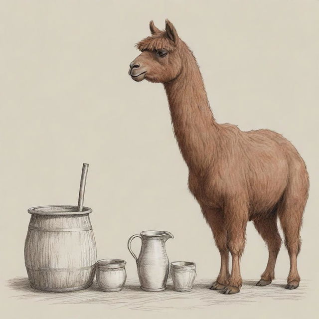 Animated sketch of a brown llama enjoying a traditional Argentine mate.