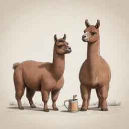 Animated sketch of a brown llama enjoying a traditional Argentine mate.