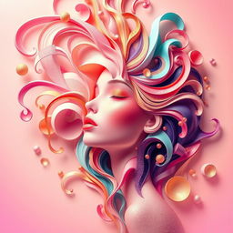 A surreal and colorful abstract representation of feminine beauty, featuring an intricate array of soft curves and flowing forms that evoke a sense of elegance and grace