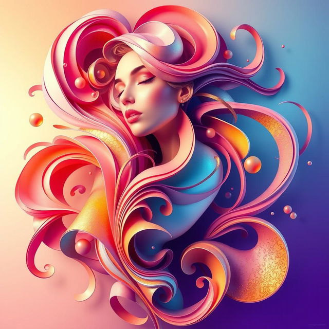 A surreal and colorful abstract representation of feminine beauty, featuring an intricate array of soft curves and flowing forms that evoke a sense of elegance and grace