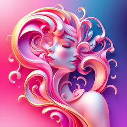 A surreal and colorful abstract representation of feminine beauty, featuring an intricate array of soft curves and flowing forms that evoke a sense of elegance and grace