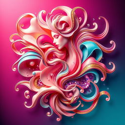 A surreal and colorful abstract representation of feminine beauty, featuring an intricate array of soft curves and flowing forms that evoke a sense of elegance and grace
