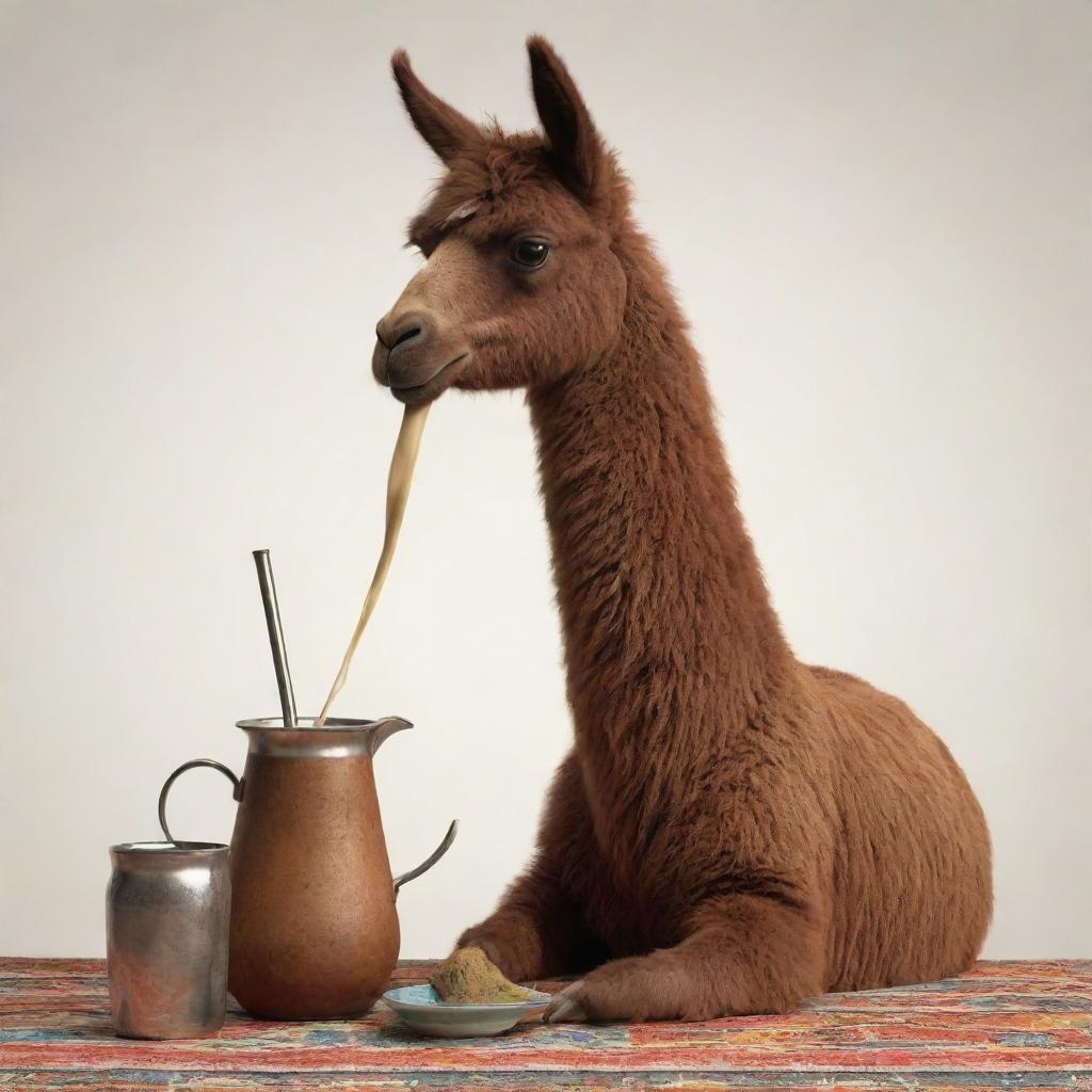 A lively animation of a brown llama delightfully sipping a traditional Argentinian mate.