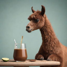 A lively animation of a brown llama delightfully sipping a traditional Argentinian mate.