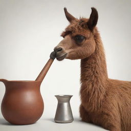 A lively animation of a brown llama delightfully sipping a traditional Argentinian mate.