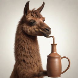 A lively animation of a brown llama delightfully sipping a traditional Argentinian mate.