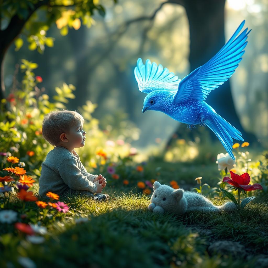 A surreal scene depicting a glowing blue bird gracefully approaching a young boy in a magical forest setting