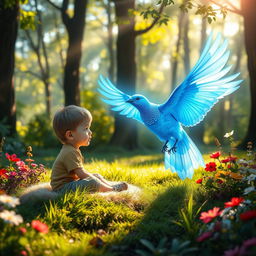 A surreal scene depicting a glowing blue bird gracefully approaching a young boy in a magical forest setting
