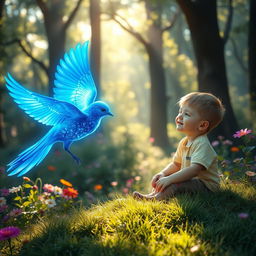 A surreal scene depicting a glowing blue bird gracefully approaching a young boy in a magical forest setting