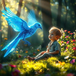 A surreal scene depicting a glowing blue bird gracefully approaching a young boy in a magical forest setting