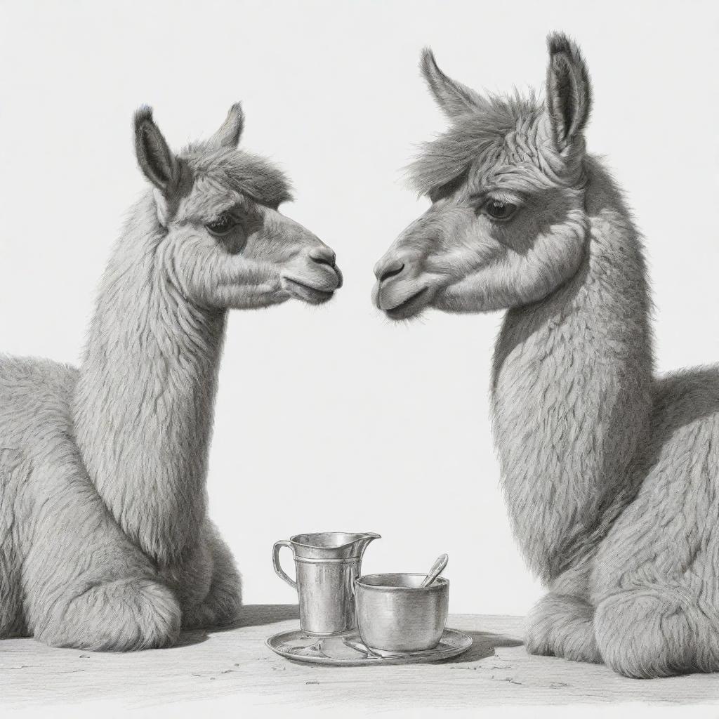 Detailed sketch of a brown llama savouring a traditional Argentinian mate.