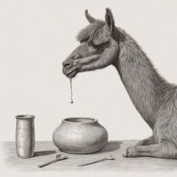 Detailed sketch of a brown llama savouring a traditional Argentinian mate.