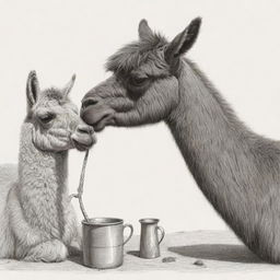 Detailed sketch of a brown llama savouring a traditional Argentinian mate.