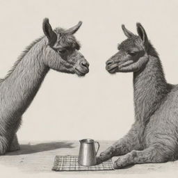 Detailed sketch of a brown llama savouring a traditional Argentinian mate.