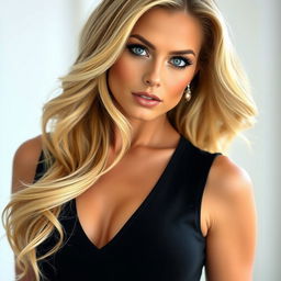 A glamorous model with long, flowing blonde hair styled in soft waves, wearing a chic, form-fitting black dress that accentuates her curves