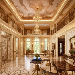 An expansive view of an extra-large, exquisite interior of a luxurious home, marked by grandeur and elegant furnishings.