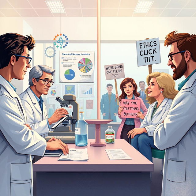 An artistic illustration depicting the debate surrounding stem cells