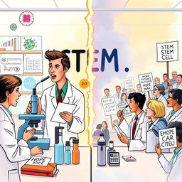 An artistic illustration depicting the debate surrounding stem cells