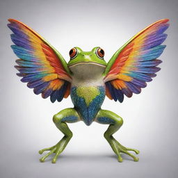 A frog with majestic wings spread wide, with vibrant colors and interesting patterns that embody the whimsical combination of earthly frog and mythical winged creature