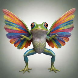 A frog with majestic wings spread wide, with vibrant colors and interesting patterns that embody the whimsical combination of earthly frog and mythical winged creature