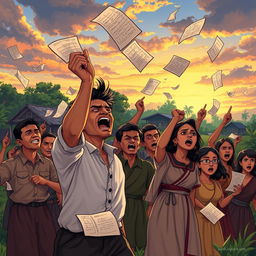 An illustrative depiction of the start of the Philippine Revolution, featuring a dramatic scene of passionate Filipinos tearing up community tax certificates as an act of defiance against colonial rule