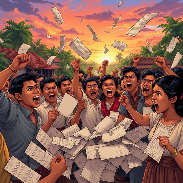 An illustrative depiction of the start of the Philippine Revolution, featuring a dramatic scene of passionate Filipinos tearing up community tax certificates as an act of defiance against colonial rule