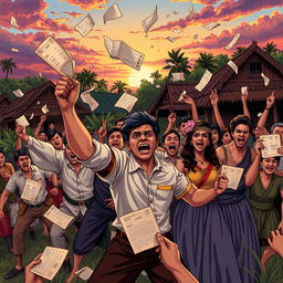 An illustrative depiction of the start of the Philippine Revolution, featuring a dramatic scene of passionate Filipinos tearing up community tax certificates as an act of defiance against colonial rule
