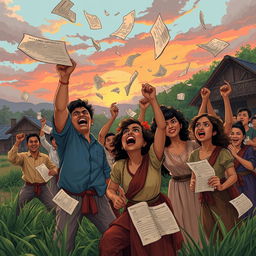 An illustrative depiction of the start of the Philippine Revolution, featuring a dramatic scene of passionate Filipinos tearing up community tax certificates as an act of defiance against colonial rule