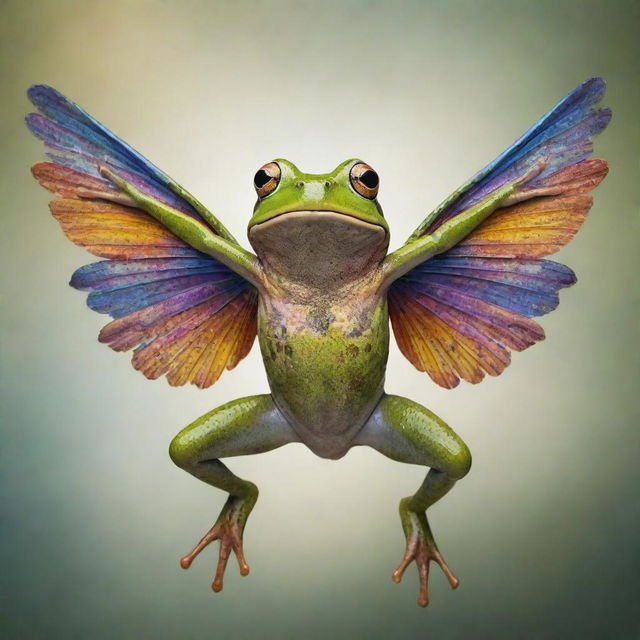 A frog with majestic wings spread wide, with vibrant colors and interesting patterns that embody the whimsical combination of earthly frog and mythical winged creature