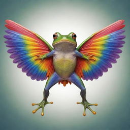 A frog with majestic wings spread wide, with vibrant colors and interesting patterns that embody the whimsical combination of earthly frog and mythical winged creature