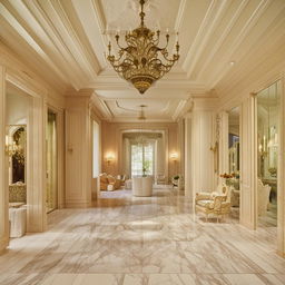 An expansive view of an extra-large, exquisite interior of a luxurious home, marked by grandeur and elegant furnishings.