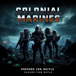 A dynamic film poster for a movie called 'Colonial Marines', featuring the iconic characters from the 'Aliens' movie, dressed in their signature futuristic military gear