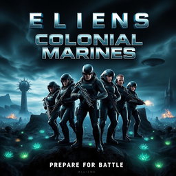 A dynamic film poster for a movie called 'Colonial Marines', featuring the iconic characters from the 'Aliens' movie, dressed in their signature futuristic military gear